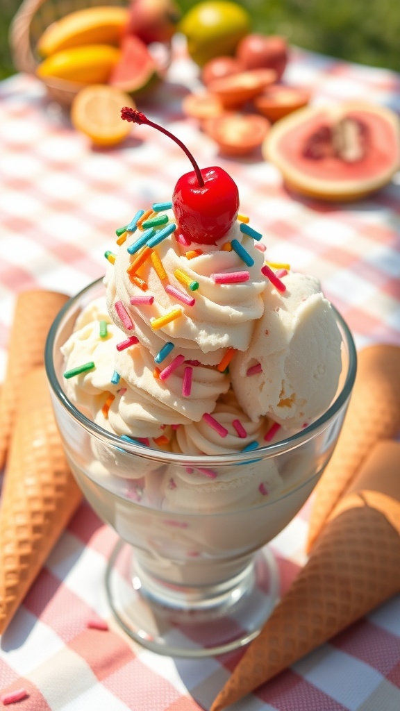 A bowl of creamy vanilla ice cream in a waffle cone, topped with sprinkles and a cherry, set in a sunny outdoor picnic scene.